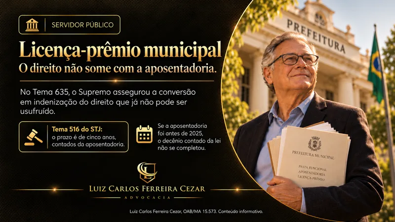 homem idoso segurando pasta de cor bege, em frente ao prédio da prefeitura municipal e ao seu lado direito consta informações sobre licença prêmio do município de Imperatriz-MA